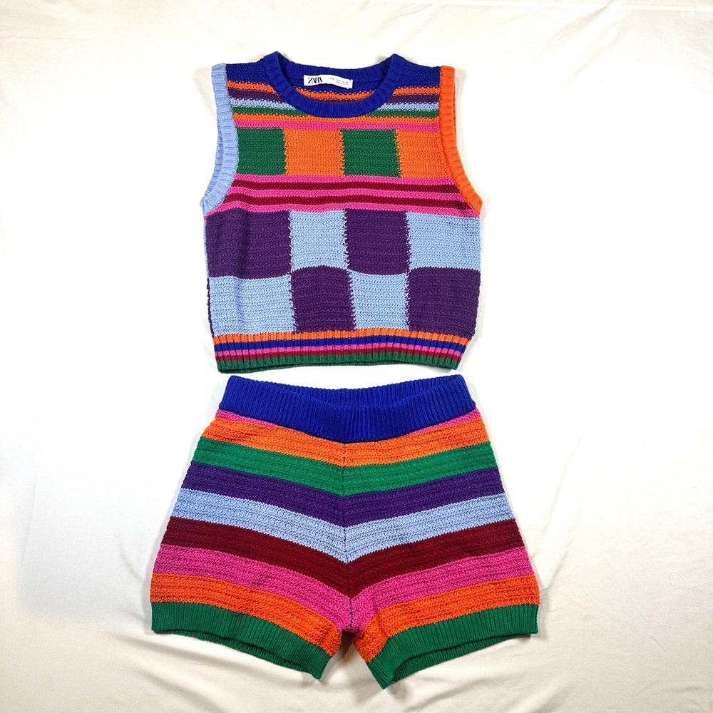 Coachella  2 Piece Set Sweater Vest and Shorts Multi Color Striped Checkered S
